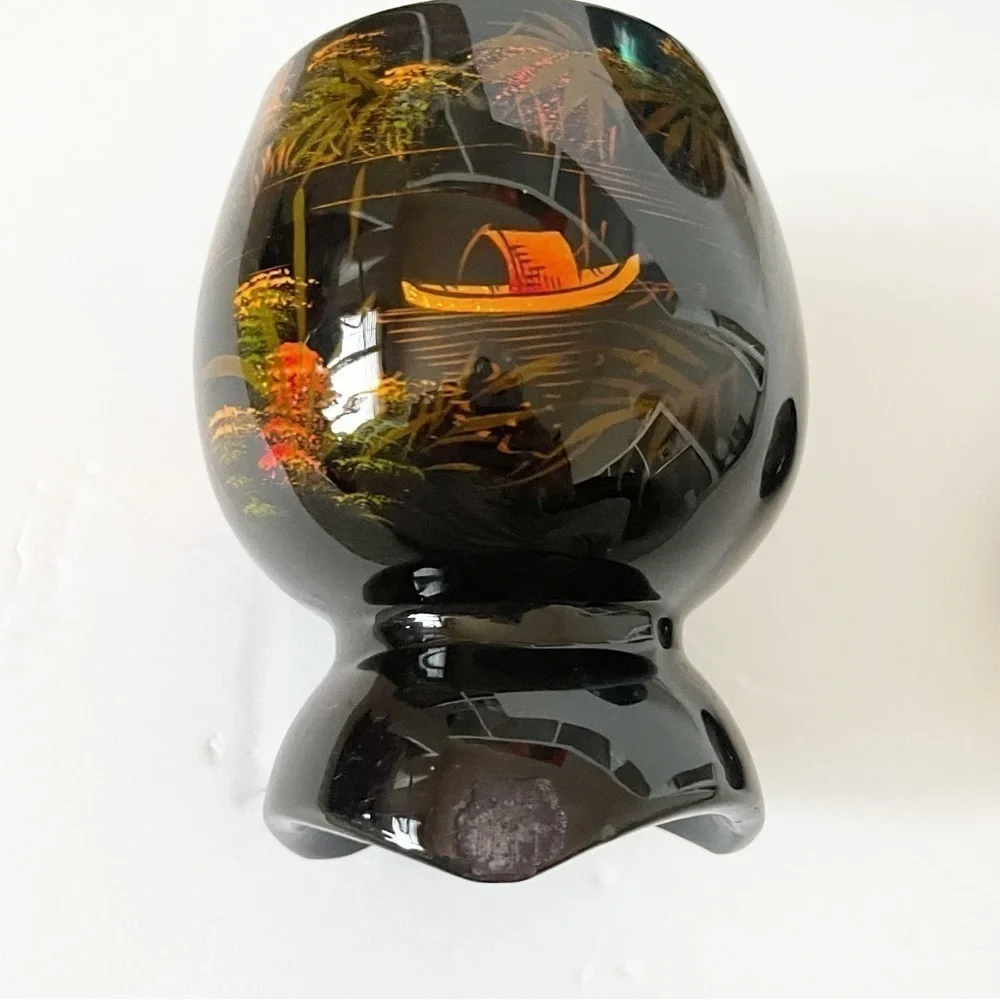 Black Lacquer Footed Wooden Bowl Boat Koi Iridescent Blue Paperweight Vietnam 3x